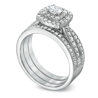 1.0 CT. TW Diamond Cushion-Shape Double Frame Bridal Set in 10K White Gold