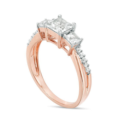 Princess-Cut Lab-Created White Sapphire Three Stone Engagement Ring in 10K Rose Gold