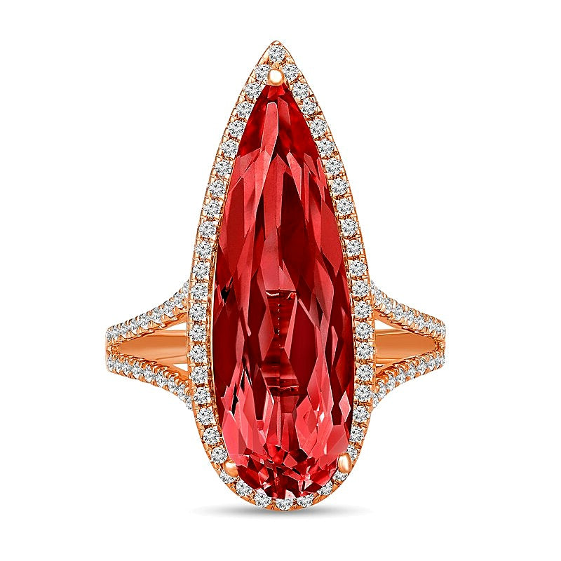 Elongated Pear-Shaped Lab-Created Ruby and White Lab-Created Sapphire Ring in Sterling Silver with 14K Gold Plate