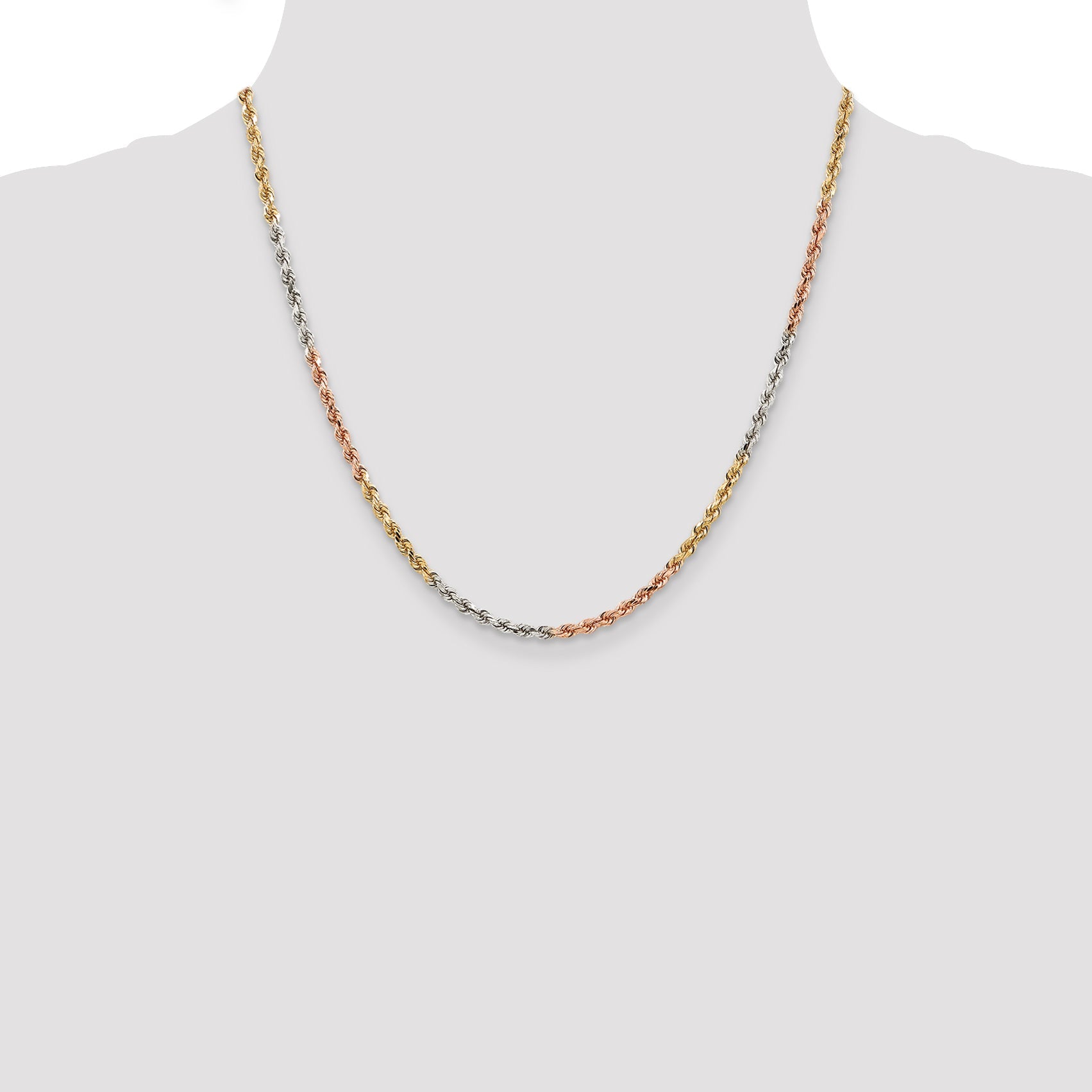 14k Tri-Color Tri-colored 20 inch 2.9mm Diamond-cut Rope with Lobster Clasp Chain Necklace