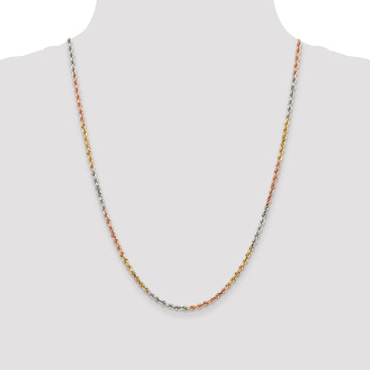 14k Tri-Color Tri-colored 24 inch 2.9mm Diamond-cut Rope with Lobster Clasp Chain Necklace