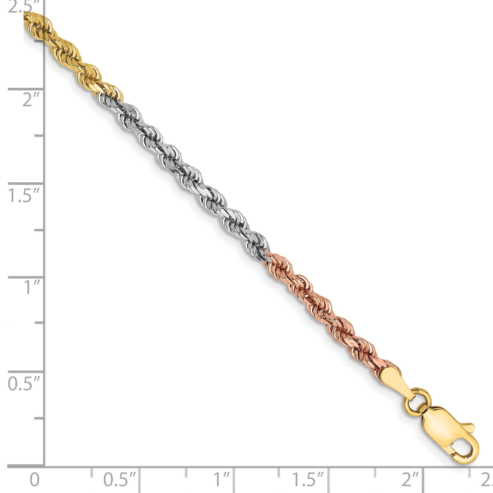 14k Tri-Color Tri-colored 7 inch 2.9mm Diamond-cut Rope with Lobster Clasp Chain Bracelet