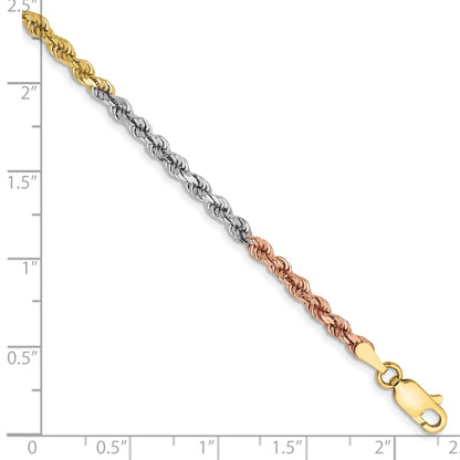 14k Tri-Color Tri-colored 8 inch 2.9mm Diamond-cut Rope with Lobster Clasp Chain Bracelet
