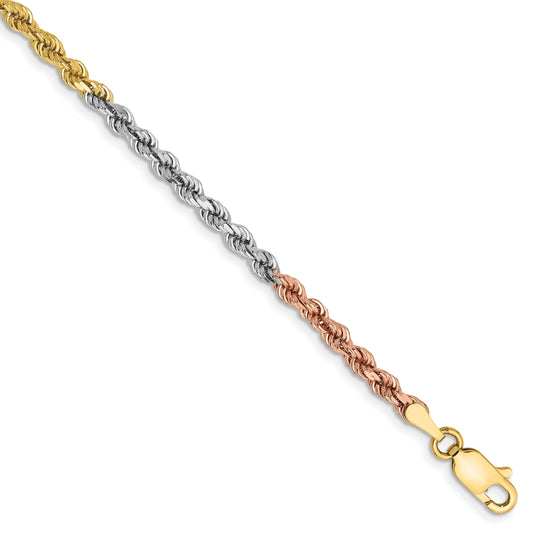 14k Tri-Color Tri-colored 8 inch 2.9mm Diamond-cut Rope with Lobster Clasp Chain Bracelet