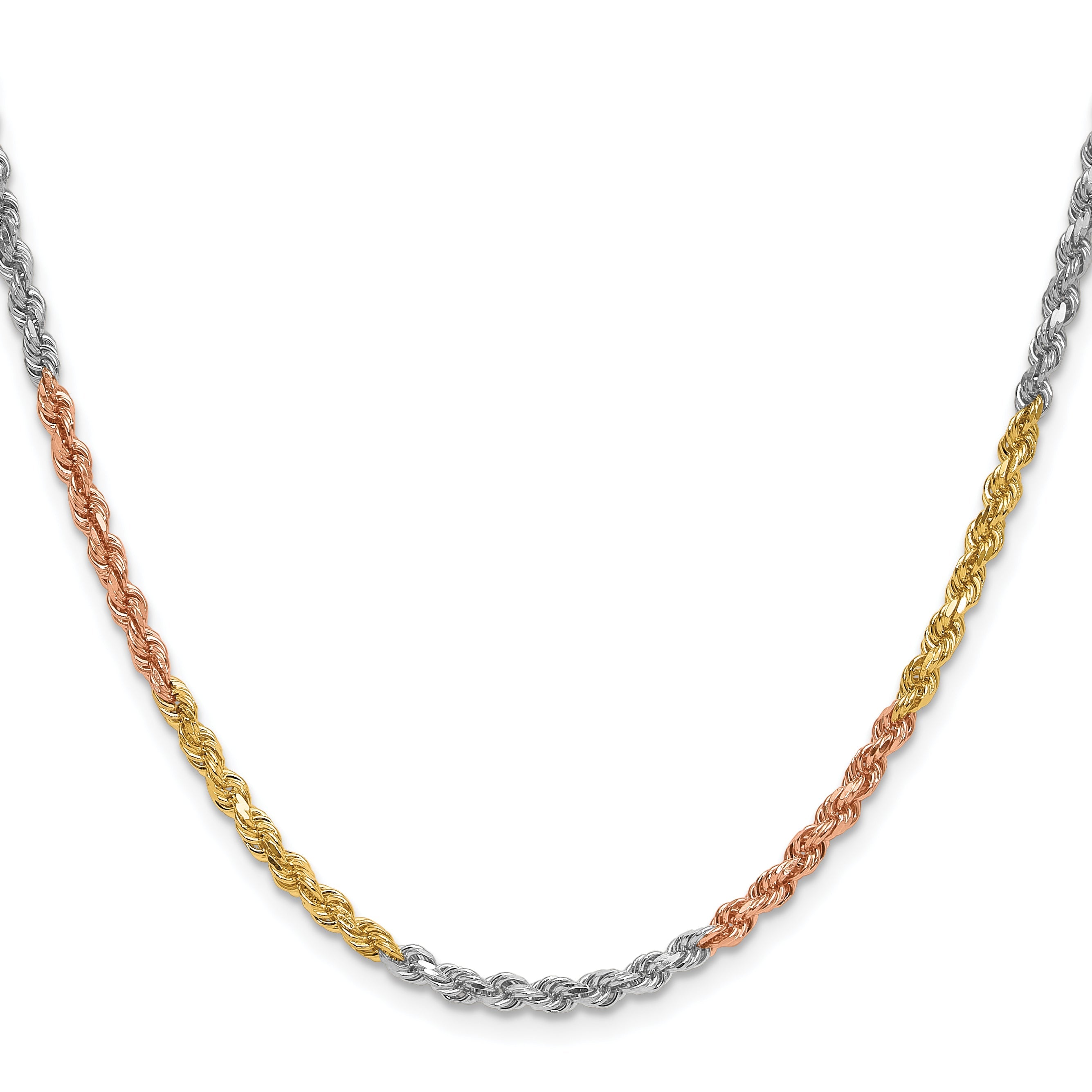 14k Tri-Color Tri-colored 24 inch 3mm Diamond-cut Rope with Lobster Clasp Chain Necklace