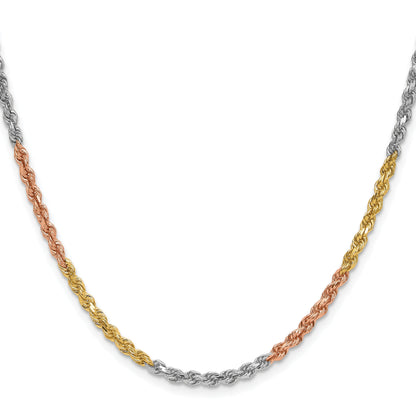 14k Tri-Color Tri-colored 24 inch 3mm Diamond-cut Rope with Lobster Clasp Chain Necklace