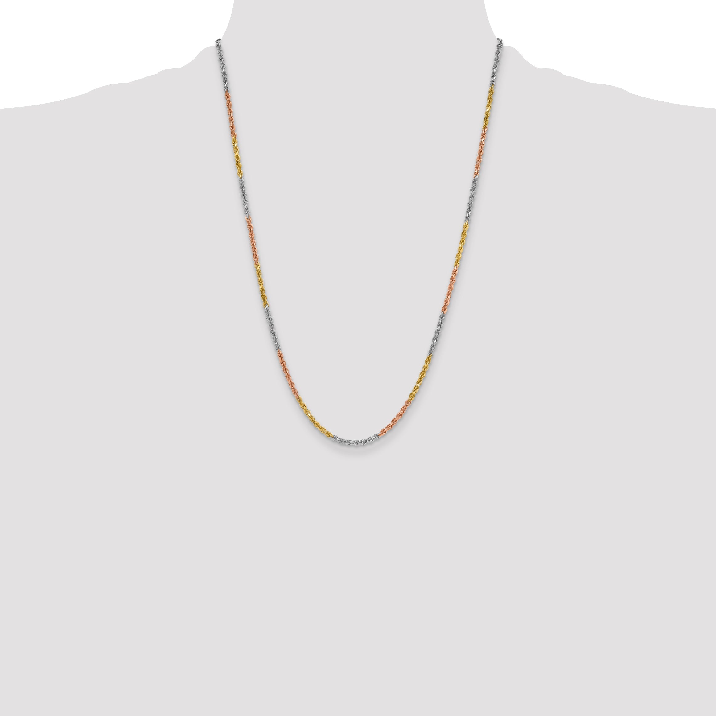 14k Tri-Color Tri-colored 24 inch 3mm Diamond-cut Rope with Lobster Clasp Chain Necklace