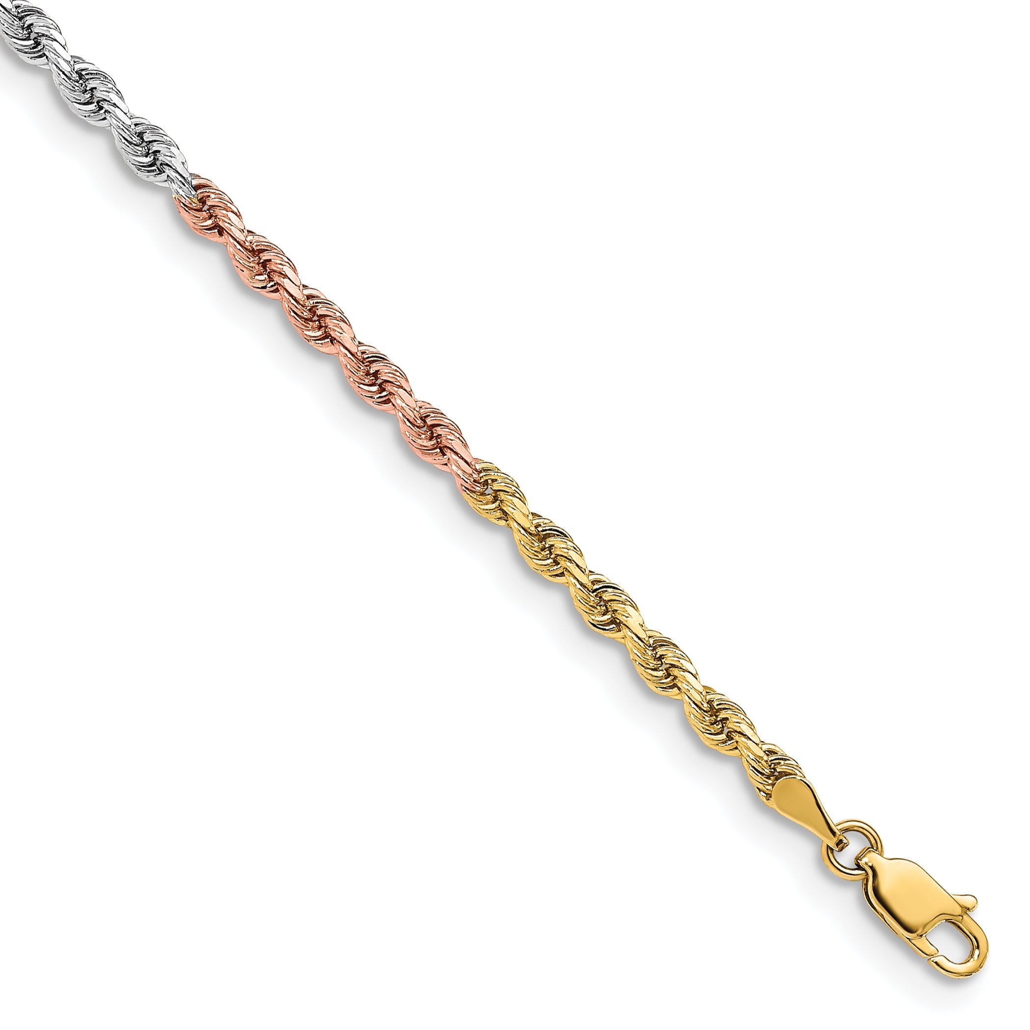 14k Tri-Color Tri-colored 7 inch 3mm Diamond-cut Rope with Lobster Clasp Chain Bracelet