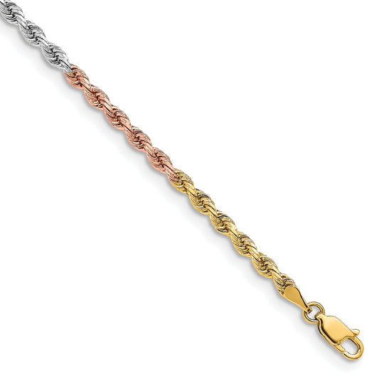 14k Tri-Color Tri-colored 7 inch 3mm Diamond-cut Rope with Lobster Clasp Chain Bracelet