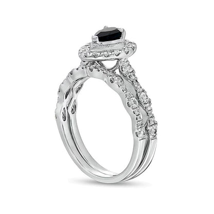 Pear-Shaped Black Sapphire and 0.75 CT. TW Diamond Frame Scallop Shank Vintage-Style Bridal Set in 10K White Gold