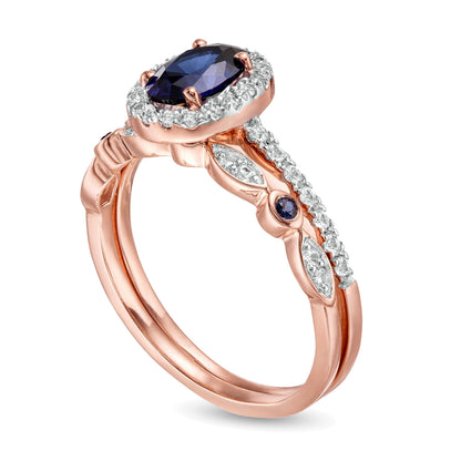 Oval Lab-Created Blue and White Sapphire Frame Art Deco Bridal Set in 10K Rose Gold