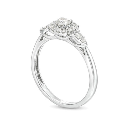 0.5 CT. TW Diamond Cushion-Shaped Frame Leaf-Sides Engagement Ring in 10K White Gold (J/I3)