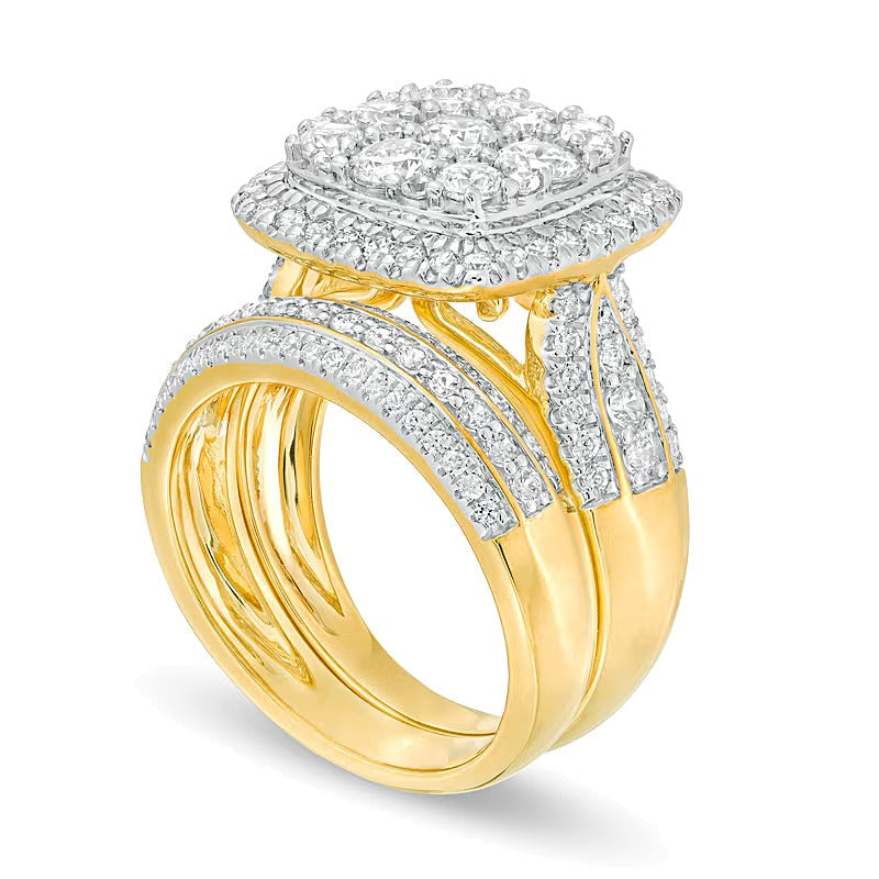 2.5 CT. TW Multi-Diamond Cushion Frame Multi-Row Bridal Set in 10K Gold