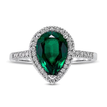 Pear-Shaped Lab-Created Emerald and 0.2 CT. TW Diamond Frame Ring in 14K White Gold