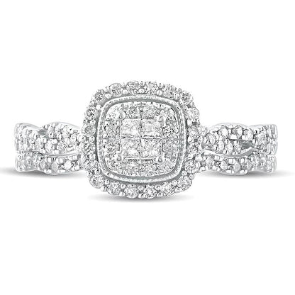 0.5 CT. TW Quad Princess-Cut Diamond Cushion Frame Twist Shank Bridal Set in 10K White Gold