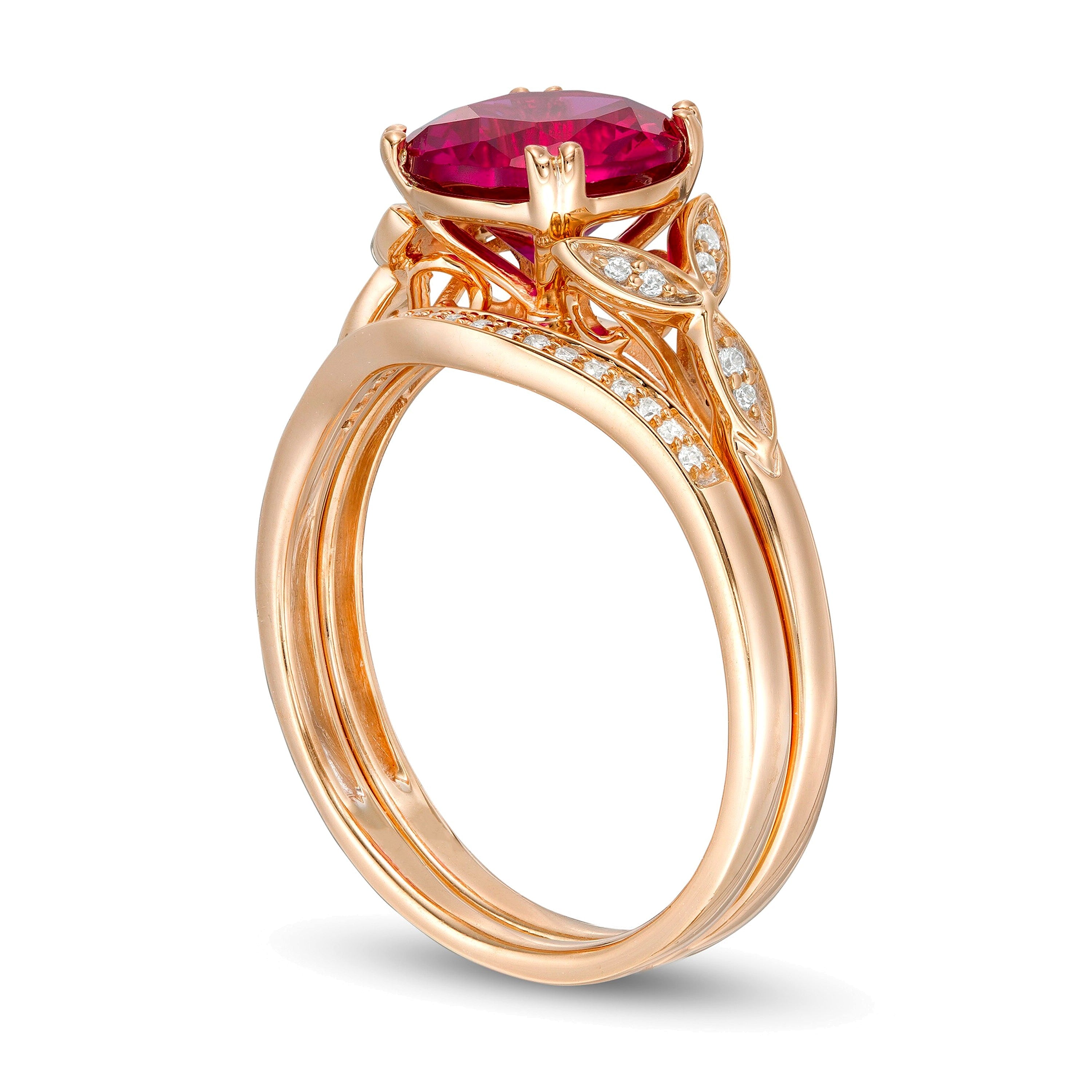8.0mm Lab-Created Ruby and 0.1 CT. TW Diamond Leaf Sides Bridal Set in 10K Rose Gold