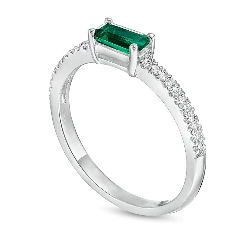 Sideways Baguette Lab-Created Emerald and 0.1 CT. TW Diamond Stackable Ring in 10K White Gold