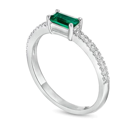 Sideways Baguette Lab-Created Emerald and 0.1 CT. TW Diamond Stackable Ring in 10K White Gold
