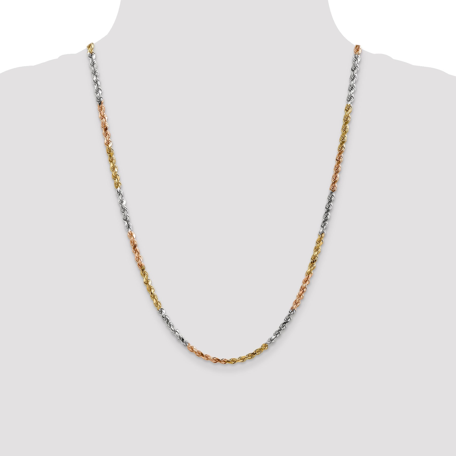 14k Tri-Color Tri-colored 24 inch 4mm Diamond-cut Rope with Lobster Clasp Chain Necklace