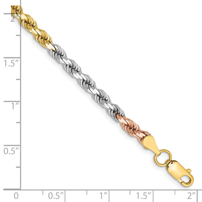 14k Tri-Color Tri-colored 8 inch 4mm Diamond-cut Rope with Lobster Clasp Chain Bracelet