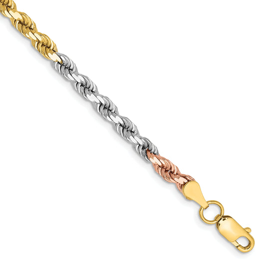 14k Tri-Color Tri-colored 8 inch 4mm Diamond-cut Rope with Lobster Clasp Chain Bracelet