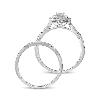 0.5 CT. TW Quad Princess-Cut Diamond Cushion Frame Twist Shank Bridal Set in 10K White Gold