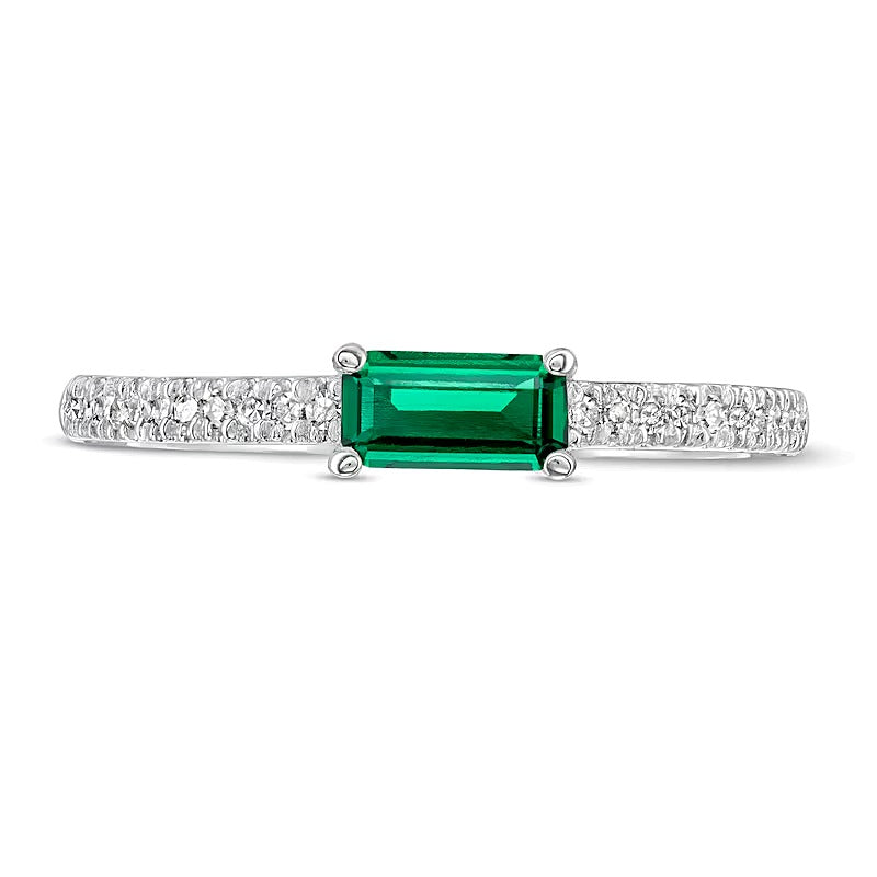 Sideways Baguette Lab-Created Emerald and 0.1 CT. TW Diamond Stackable Ring in 10K White Gold