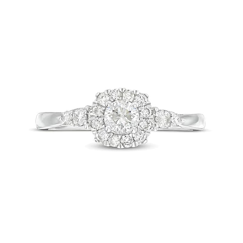 0.5 CT. TW Diamond Cushion-Shaped Frame Leaf-Sides Engagement Ring in 10K White Gold (J/I3)