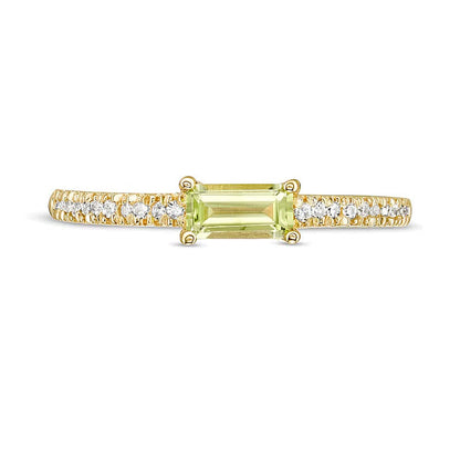 Sideways Baguette Peridot and 0.1 CT. TW Diamond Stackable Ring in 10K Gold