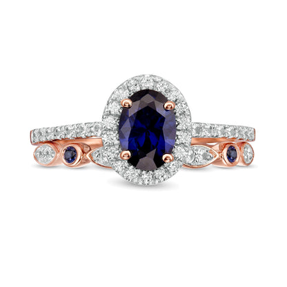 Oval Lab-Created Blue and White Sapphire Frame Art Deco Bridal Set in 10K Rose Gold