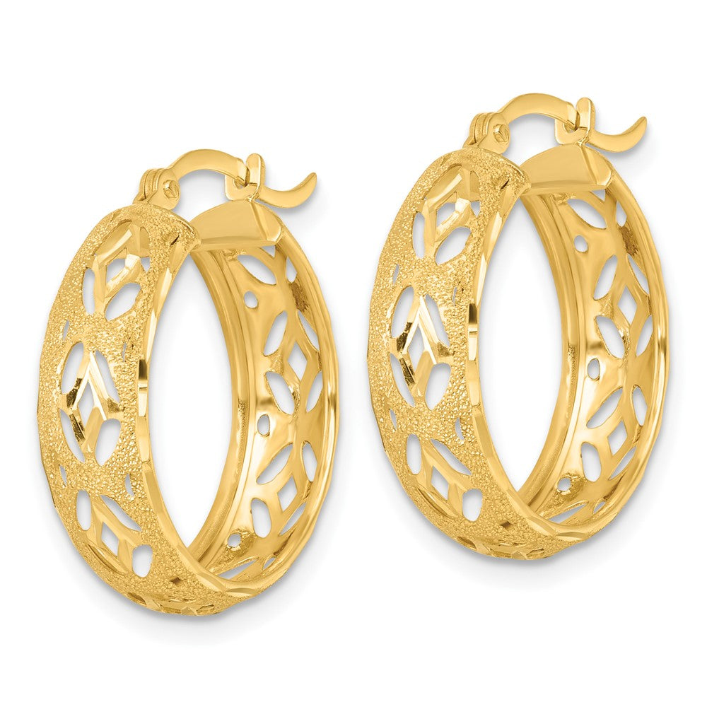 14K Yellow Gold Polished Laser and Diamond-cut 6.15x21mm Fancy Design Round Hoop Earrings