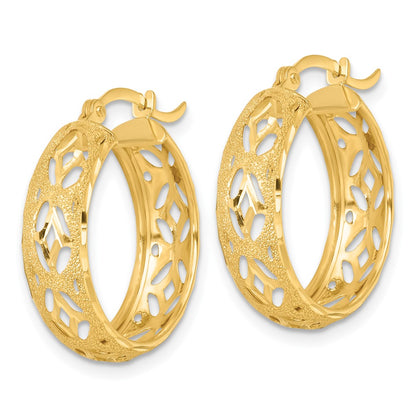 14K Yellow Gold Polished Laser and Diamond-cut 6.15x21mm Fancy Design Round Hoop Earrings
