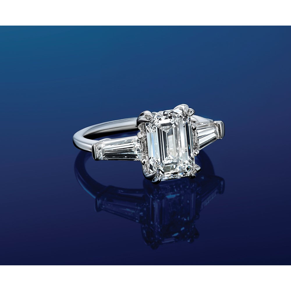 14K White Gold 1 1/2 carat Lab Grown Diamond VS+ F+ Complete Emerald and Tapered Baguette Engagement Ring