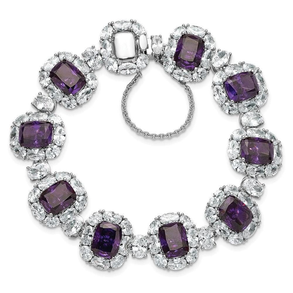 Cheryl M Sterling Silver Rhodium-plated Polished Fancy Purple and White CZ Halo Cluster with Safety Chain 7 Inch Bracelet
