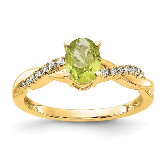14K Yellow Gold 7x5 Oval August/Peridot and Diamond Size 7 Ring