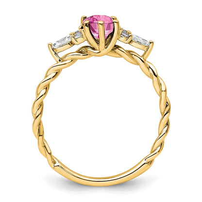 14K Yellow Gold Diamond and 7x5 Oval October/Lab Created Pink Sapphire Size 7 Twisted Ring
