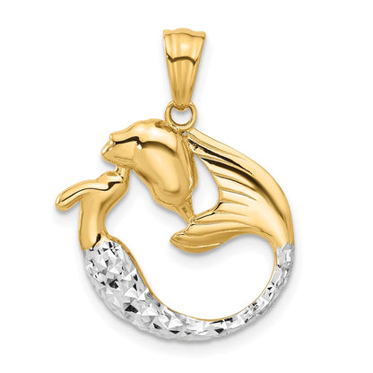 14K Yellow Gold with Rhodium Diamond Cut Mermaid Pendant