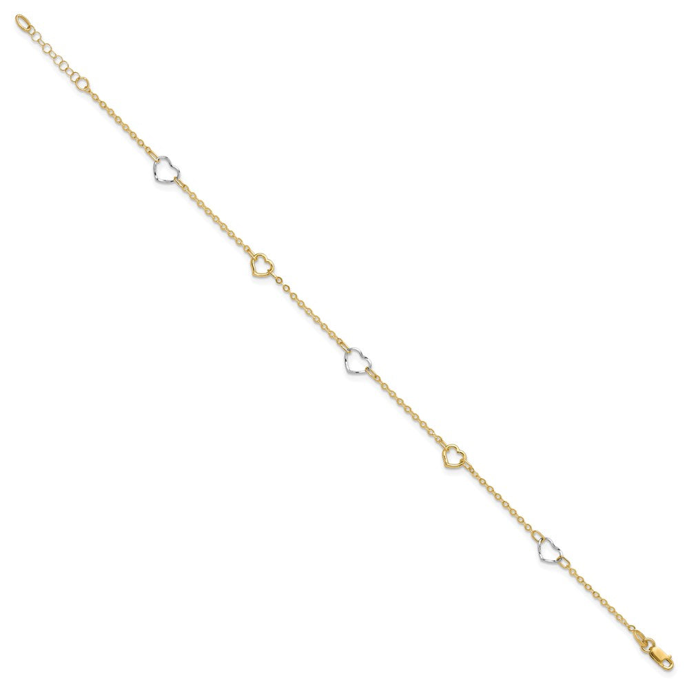 14K Two-Tone Gold Two-tone Polished Open Hearts 5-Station 9 Inch Plus 1 Inch Extender - Total 10 Inch Anklet