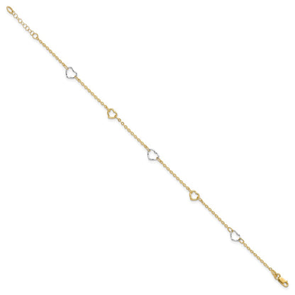 14K Two-Tone Gold Two-tone Polished Open Hearts 5-Station 9 Inch Plus 1 Inch Extender - Total 10 Inch Anklet