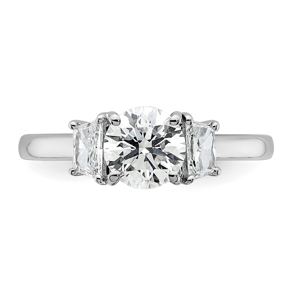 14K White Gold 1 3/8 carat Lab Grown Diamond VS+ F+ Round with Trapezoid Sidestones Complete Engagement Ring