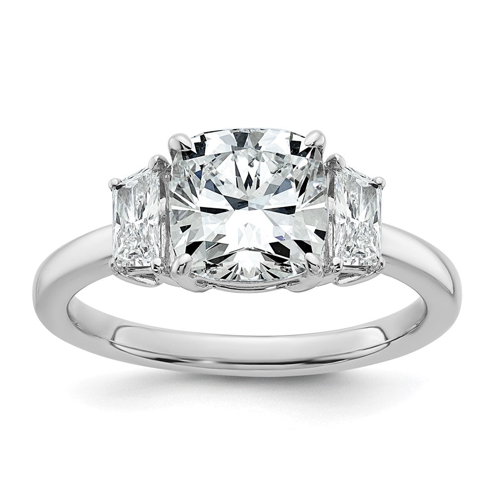 14K White Gold 2 1/2 carat Lab Grown Diamond VS+ F+ Cushion and Half Moon Complete Three Stone Engagement Ring