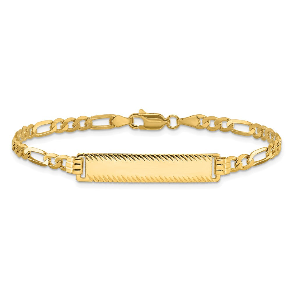 14K Yellow Gold Polished Solid Chain/Solid Plate Flat Figaro Link Diamond-cut 29x6.5mm Plate 7 Inch ID Bracelet