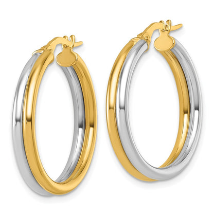 14K Yellow Gold with Rhodium Polished 4.00mm x 24mm Round Hoop Earrings