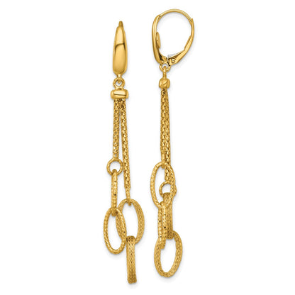 14K Yellow Gold Polished and Textured Woven Chain and Oval Links Dangle Leverback Earrings