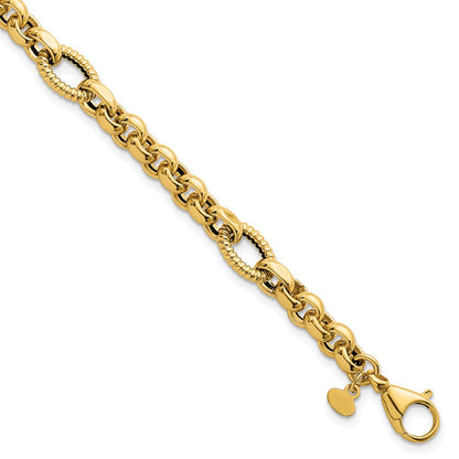 14K Yellow Gold Polished and Textured Rolo and Oval Fancy Chain 7.5 Inch Bracelet