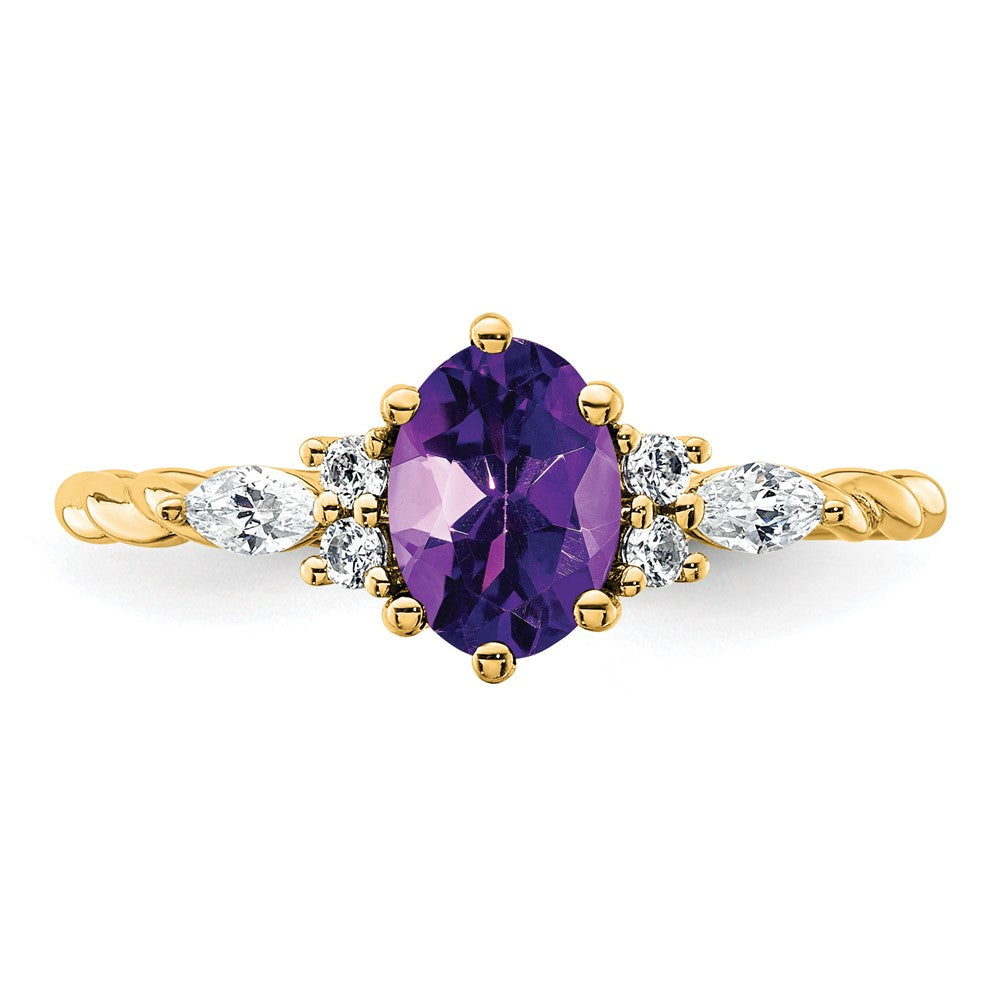 14K Yellow Gold Diamond and 7x5 Oval February/Amethyst Size 7 Twisted Ring