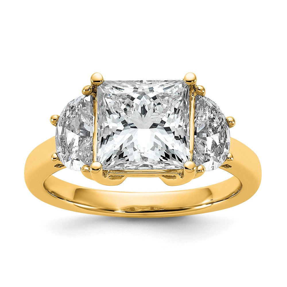 14K Yellow Gold 1 carat Lab Grown Diamond VS+ F+ Half Moon 3 carat Princess Center Semi Mount Three Stone Engagement Ring