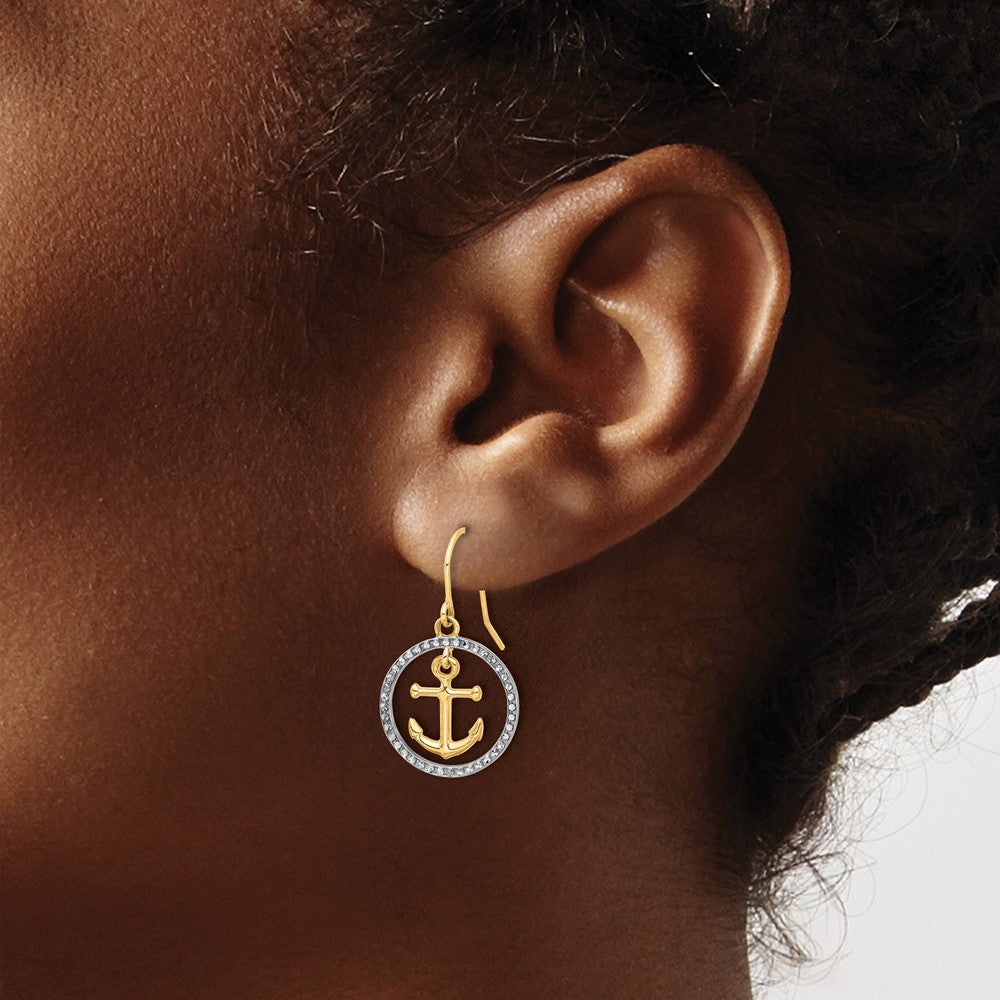 14K Yellow Gold and Rhodium D/C Anchor Dangle in Circle Dangle Earrings