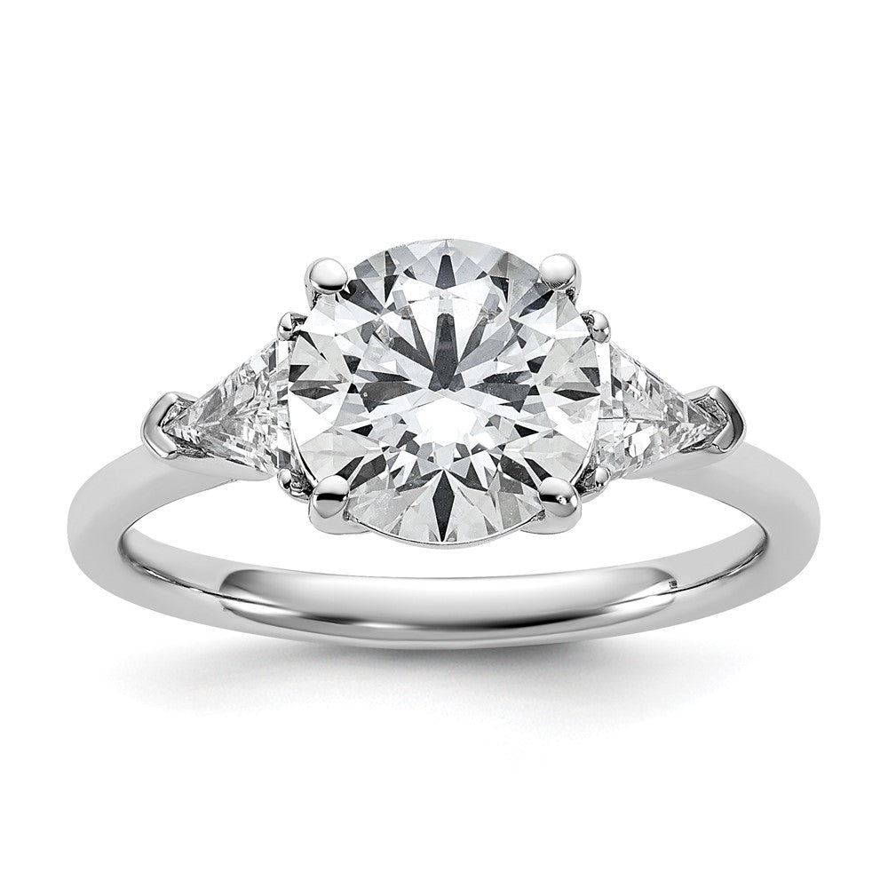 14K White Gold 1/2 carat Lab Grown Diamond VS+ F+ Triangle 2 carat Round Semi Mount Three Stone Engagement Ring