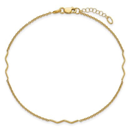 14K Yellow Gold Wavy Bar 3-Station 9 Inch Plus 1 Inch Extender - Total 10 Inch Anklet
